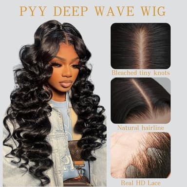 PYY Deep Wave Lace Front Wigs Human Hair 200 Density Deep Wave Wig 13x4 HD Lace Frontal Wigs for Black Women Glueless Wigs Pre Plucked with Baby Hair 24 Inch - Image 2