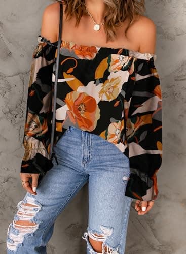 Spriolim Women's Fashion Off Shoulder Top Long Sleeve Casual Shirt Cute Blouses Boho Black, X-Large - Image 3