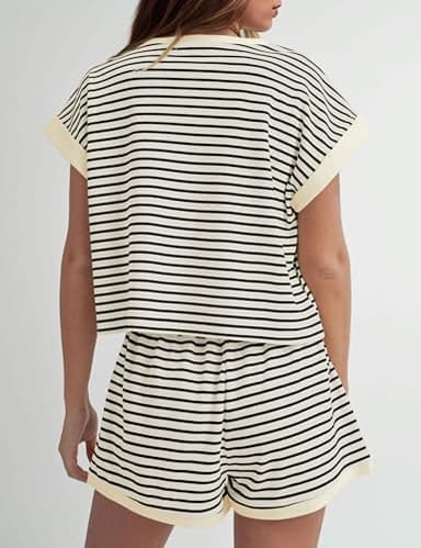 MISSACTIVER 2 Piece Lounge Set Women Stripe Knit Short Sleeve Tee Shirts Shorts Casual Summer Loungewear Shorts Sets - Image 2
