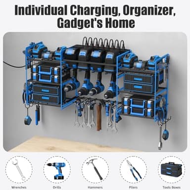 CCCEI Blue Power Tool Organizer Wall Mount, Large Tools and Battery Storage Rack Charging Station Individual Switches. Drills Holder, Garage Utility Shelves with 6FT Power Strip. Gift for Men. - Image 7