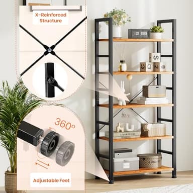 Sweetcrispy Book Shelf, 5 Tier Bookcase, Modern Tall Bookshelf for Garage Kit, CDs, Movies, Industrial Corner Storage Organizer for Bedroom Home Office Kitchen Living Room, Rustic Brown - Image 6