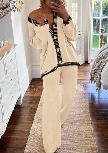 PRETTYGARDEN Lounge Sets for Women Fall 2025 Loungewear 2 Piece Outfits Cardigan Sweaters Track Suit Matching Winter Clothing (Beige,Small) - Image 8