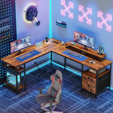 Furologee 66” L Shaped Desk with Power Outlet, Reversible Computer Gaming Desk with File Drawer & 2 Monitor Stands for Home Office with Storage Shelves, Rustic Brown - Image 2