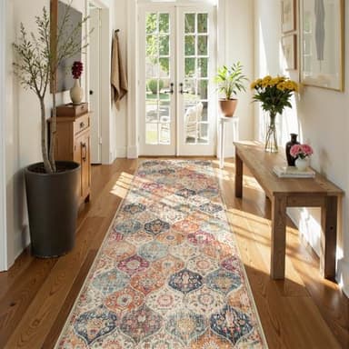 Lahome Moroccan Hallway Runner Rug, 2'5''x8' Ultra-Thin Washable Runners for Hallways Kitchen, Oriental Laundry Room Rug Non-Slip Vintage Long Carpet for Entryway Bedroom Bathroom, Cream/Multi - Image 6
