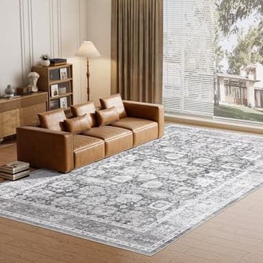 HOMFINE Vintage Design Area Rugs - Machine Washable Rug 6'x9' with Non Slip Rugs for Living Room Bedroom Floral Print Rug Carpet Stain Resistant, Home Decor Office Area Rug, Light Grey - Image 8
