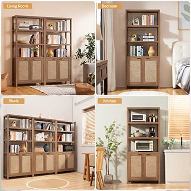 SICOTAS Bookshelf 5 Tier Book Shelf Rattan Boho 71" Tall Bookcase with Doors Storage Shelves Large Bookshelves Farmhouse Bookcases Library Book Case for Living Room Bedroom Home Office Kitchen - Image 7