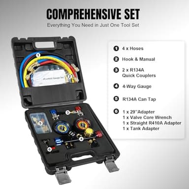 Jack Boss 4 Way AC Gauge Set for R410a R22 R134a Refrigerant, 4 Valve Automotive AC Manifold with 5ft Hoses, R410a Adapters - Image 5