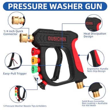 DUSICHIN Pressure Washer Short Gun Foam Cannon 1/4" Quick Connector,Car Wash Foam Gun Kit Dual Connector Accessory,Double Tip Attachment For Soap Cannon with 5 Nozzle Tips DUS2501 - Image 6
