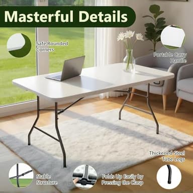 MAKE CHANGES Folding Table 6ft - Heavy Duty Plastic Table with Handle, Foldable & Portable, Fold-in-Half Utility Tables for Outdoor, Dining, Wedding, Events, Indoor, Picnic, Camping, Party (White) - Image 3