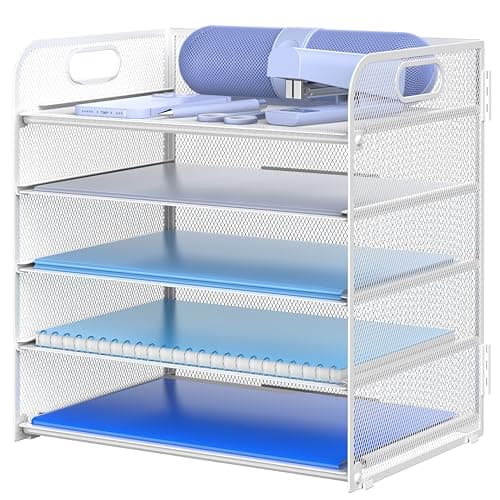 Letter Tray Paper Organizer 5-Tier Desk Organizer File Organizer Paper Holder with Handle, Metal Desktop Document Shelf Tray Office Classroom Organization - White - Image 1