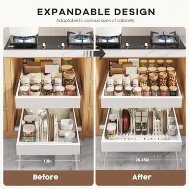 Seinloes 6 Pack Pull Out Cabinet Organizers 21" Deep With Raising Pad for Framed Cabinets, Expandable Slide Out Drawers with 4pcs Divider Racks, Roll Out Shelves, Adjustable Width 12"-20.45" White - Image 3
