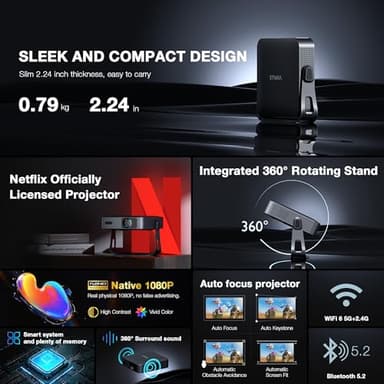 【Netflix-Licensed Projector & Native 1080P】Thinnest 2.24" Smart Mini Projector with WiFi and Bluetooth, Auto Focus & Keystone Portable Outdoor Projector, VOPLLS 4K Support Home Movie Projector - Image 2