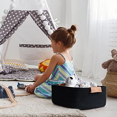 CHICVITA Cotton Rope Woven Easter Basket with Handles for Books, Magazines, Toys - Decorative Rectangle Basket for Baby Nursery, Living Room, Bathroom, Black - Image 5