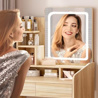 LIVELYGLOW Small Makeup Vanity Desk with Lighted Mirror, Wooden, 23.62" W x 15.74" D x 53.93" H (Smart LED Mirror, Open Shelves, 2 Drawers) - Image 3
