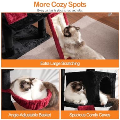 Heybly Cat Tree, Gothic Cat Tower for Indoor Cats, Multi-Level Cat Furniture Condo for Cats with Padded Plush Perch, Cozy Basket and Scratching Board, Black and Red HCT014BR - Image 5