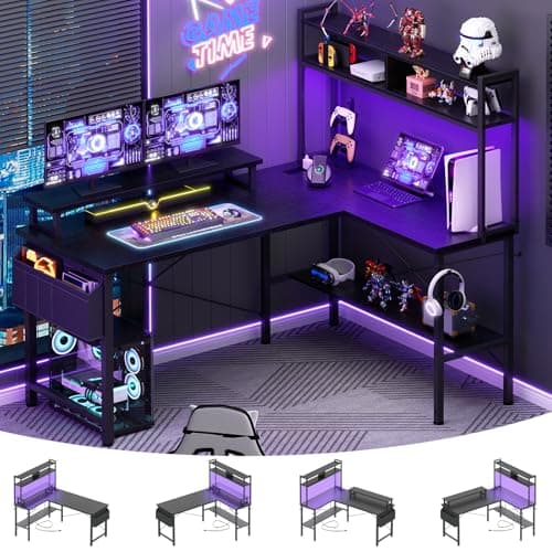 Aheaplus L Shaped Gaming Desk with Power Outlets & LED Lights, Small L- Shaped Desk Computer Corner Desk with Monitor Stand & Storage Shelf, Home Office Desk Writing Desk with Storage Bag, Black - Image 1