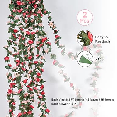 BLEUM CADE 2Pcs 16.4Ft Flower Garland Artificial Rose Vines for Bedroom, Cute Fake Hanging Flower Vines Floral Garland Decorations for Wedding Party Wall Room Decor Aesthetic - Image 3