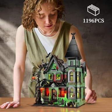 iATOM Haunted House Building Set with Lights, Halloween Mansion Building Toy Compatible with Lego for Adults, Horror Village Town Architecture Include Pumpkin Skeleton Spooky Bat Cat, F-C9987 - Image 2