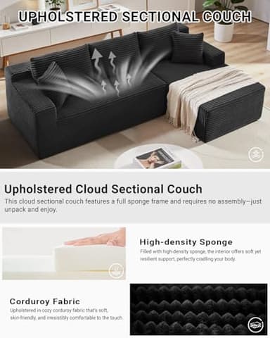 Cloud Sectional Couch,105 Inch Modular Sectional Sofa with Deep Seat,Modern Corduroy Boneless Couches with L-Shape Chaise for Living Room Bedroom,No Assembly Required (Black, Right Facing Chaise) - Image 5