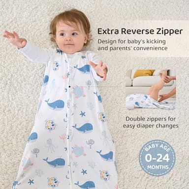FIEMOL Baby Sleep Sack 0-6 Months, 0.5 TOG Wearable Blanket for Baby Boy and Girl, 2-Way Zipper Newborn and Infant Sleeping Bag 2 Pack, Lightweight Sleep Sacks Blue Whale（Small） - Image 6