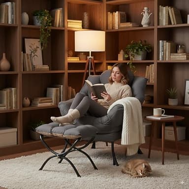 LITA Lazy Chair with Ottoman, Modern Accent Leisure Upholstered Lazy Sofa Armchair, Contemporary Lounge Reading Chair with Armrests and a Side Pocket for Living Room, Bedroom & Small Space, Dark Grey - Image 7