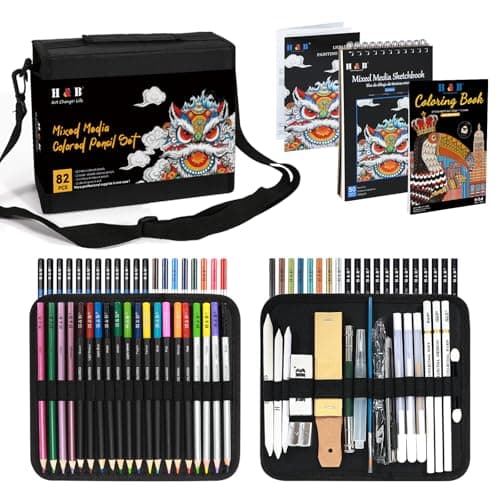 H & B 82 Pcs Drawing Kit Sketching Pencil Set, Sketch Pencils Art Supplies with 3-Color Sketchbook, Graphite, Charcoal, Blending Tools, Drawing Pencils for Adults Artists in Zipper Case - Image 1