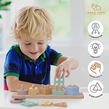 GOPO TOYS Montessori Toys for 1+ Year Old – Wooden Shape Sorter & Stacking Puzzle – Toddler Learning, Fine Motor Skills & Developmental Toy for Boys & Girls - Image 3