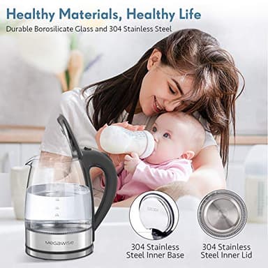 MegaWise Electric Kettle, 1.8L Borosilicate Glass Tea Kettle with LED Light, Auto Shut-Off and Boil-Dry Protection Cordless Kettle Fast Boiling - Image 2