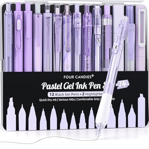 Four Candies 14Pack Pastel Gel Ink Pen Set,Cute Retractable 0.5mm Fine Point Pen,11 Pack Black Ink and 1 Pc Purple Ink Pens with 2Pcs Highlighter for School, Office, Mothers Day Gifts(Purple) - Image 1