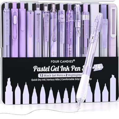 Four Candies 14Pack Pastel Gel Ink Pen Set,Cute Retractable 0.5mm Fine Point Pen,11 Pack Black Ink and 1 Pc Purple Ink Pens with 2Pcs Highlighter for School, Office, Mothers Day Gifts(Purple) - Image 1