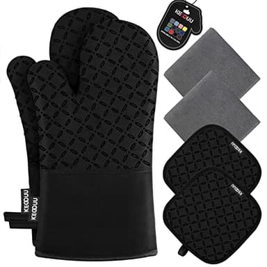 KEGOUU Oven Mitts and Pot Holders 6pcs Set, Kitchen Oven Glove High Heat Resistant 500 Degree Extra Long Oven Mitts and Potholder with Non-Slip Silicone Surface for Cooking (Black) - Image 1