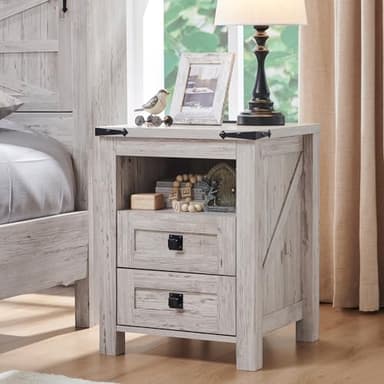 T4TREAM Farmhouse Nightstand Set of 2 with Charging Station, Rustic End Table with 2 Drawers, Storage Open Shelf for Bedroom, Living Room, Wood Side Table, Antique Brush White - Image 7