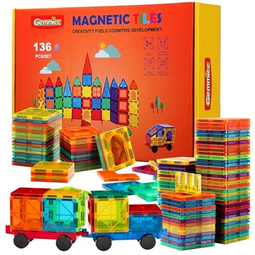 Gemmicc Magnetic Tiles, Deluxe 136 PCS Building Blocks Magnet Toys for Kids,3D Magnet Puzzles Stacking Blocks for Boys Girls,Huge Set with 2 Cars - Image 1