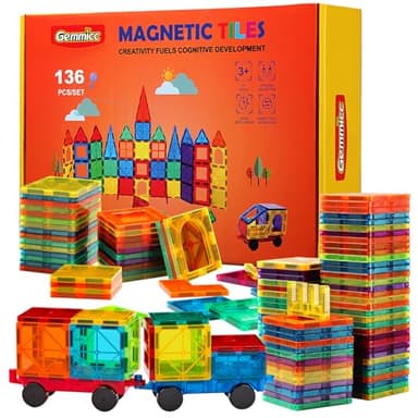 Gemmicc Magnetic Tiles, Deluxe 136 PCS Building Blocks Magnet Toys for Kids,3D Magnet Puzzles Stacking Blocks for Boys Girls,Huge Set with 2 Cars - Image 1