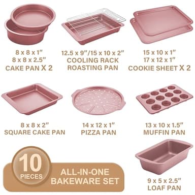 HONGBAKE Bakeware Sets, Baking Pans Set, Nonstick Oven Pan for Kitchen with Wider Grips, 10-Piece Including Rack, Cookie Sheet, Cake Pans, Loaf Pan, Muffin Pan, Pizza Pan - Pink - Image 3