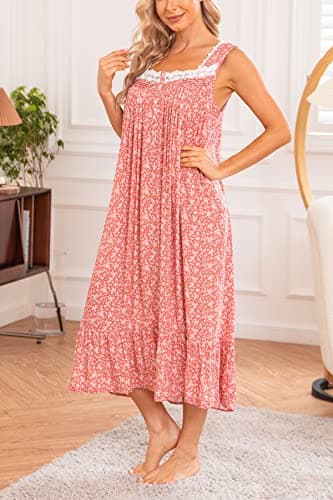 AVIIER Cotton Nightgowns for Women Sleeveless House Dress Ladies Long Nightdress with Pockets (Brown Red, Large)… - Image 2
