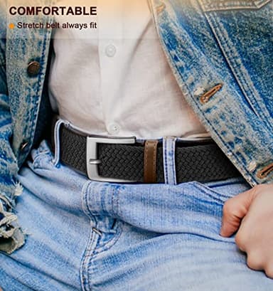 BULLIANT Belt for Men 2Pack,Mens Gift Stretch Braided Web Belt Elastic for Casual Golf Jeans,1 3/8"(Black/Beige,42"-46" Waist Adjustable) - Image 3