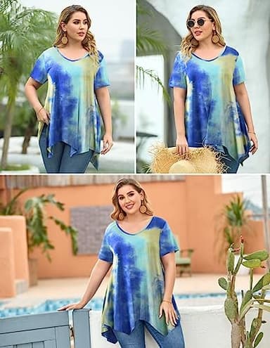 LARACE Tie Dye Shirt Women Casual Tops Plus Size V Neck Blouses Short Sleeve Summer Clothes Flowy Asymmetrical Tee(T04-Blue 1X) - Image 6