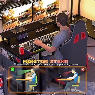 Aheaplus Small L Shaped Gaming Desk with LED Lights & Power Outlets, Reversible L-Shaped Computer Desk with Monitor Stand & Storage Shelf, Corner Desks Home Office Desk with Storage Bag, Black - Image 5