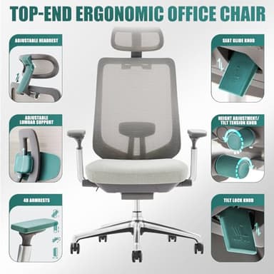 COLAMY Ergonomic Mesh Office Chair, High Back Computer Executive Desk Chair with Adjustable Headrest and 4D Arms, Slide Seat, Tilt Lock-Light Grey - Image 4