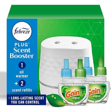 Febreze Plug Scent Booster Starter Kit, Oil Diffuser, Air Freshener Plug in, Continuous Scent Device + 2 Gain Original Refills - Image 1