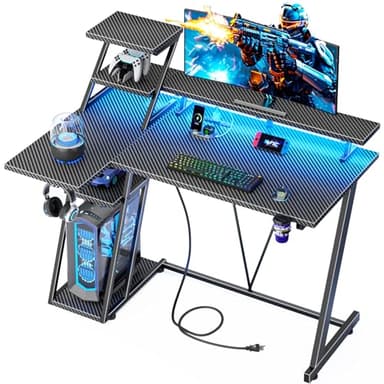 40 Inch Gaming Desk with LED Lights & Power Outlet, Small Gaming Computer Desk with Storage Shelves, L Shaped Gamer Workstations with Monitor Stand for Bedroom, Carbon Fiber Black - Image 1