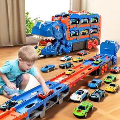 PEADUCK Toddler Toys Car Track Set for 3 4 5 6 Years Old Boys, Dinosaur Transporter Car Race Track with 12 Die-Cast Car Toys, Truck Toys Set Gifts for Age 3-12 Years Old Kids Boys Girls - Image 5