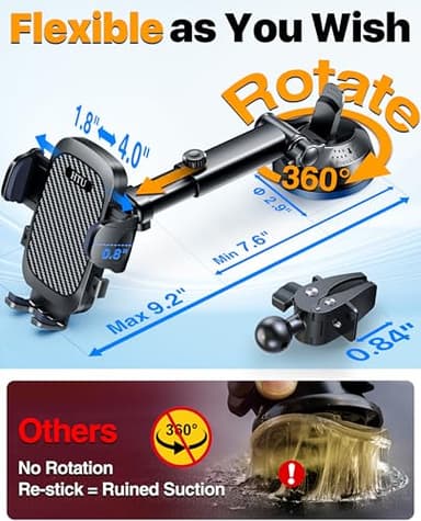 HTU 2025 Best Car Phone Holder 【Ultimate 5-in-1 & Upgraded 100+LBS Strongest Suction】【True Military-Grade & Safety Cert】 360° Windshield Dashboard Vent Mount Stand for iPhone Android & Truck, Black - Image 4