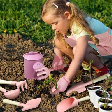 Kids Gardening Set 14Pcs Gardening Tools for Kids with Tote Bag,Watering Can, Shovel, Apron, Garden Book and More Educational STEM Learning Outdoor for Toddlers Boys Girls (Pink) - Image 4