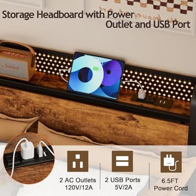 Furnulem Full Bed Frame with LED Lights,Industrial Storage Headboard with Charging Station,USB Port,Under Bed Storage,Wood Platform with Strong Metal Support,No Box Spring Needed, Silent - Image 3