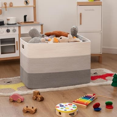 OIAHOMY 108L Super Large Blanket Basket, 25”x16”x16”(108L) Rectangle Woven Baskets for Storage, Cotton Rope Basket For Living Room, Toy Storage with Handle - Gradient Grey - Image 3