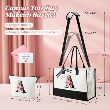 TRSODD Birthday Gifts for Women Mothers Day Gifts for Mom Wife Grandma Daughter Sister Friends Graduation Initial Tote Bag with Adjustable Shoulder Strap and Makeup Bag J - Image 6