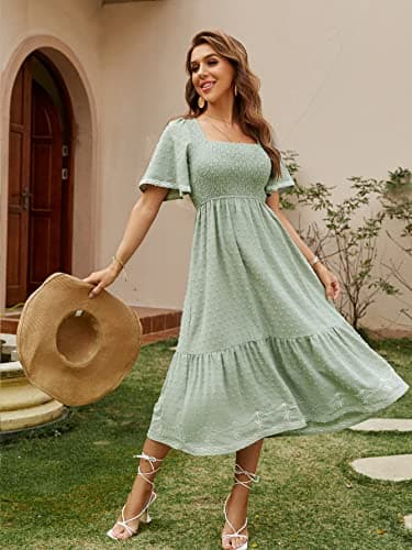 Glamaker Women's Summer Casual Short Sleeve Smocked Square Neck A Line Flowy Midi Dress Midi Dress - Image 2