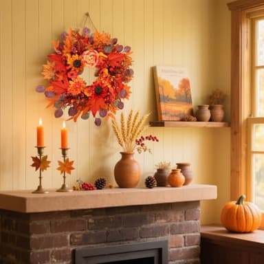 24" Fall Wreath for Front Door Outside - Sunflower, Pumpkin, Berry & Maple Leaves | Weatherproof Autumn Outdoor Wreaths with Hanger Hook for Thanksgiving, Harvest - Image 2